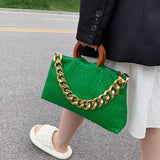 Thick Chain Big PU Leather Shoulder Crossbody Bags With Round Wooden Handle