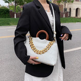 Thick Chain Big PU Leather Shoulder Crossbody Bags With Round Wooden Handle