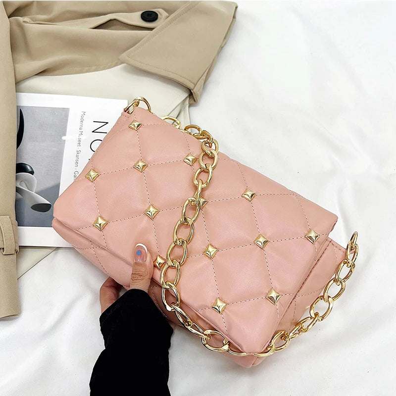 Women's Rivet Flap Shoulder Bag PU Leather Handbag