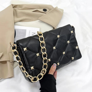 Thick Chains Shoulder Bag PU Leather Flap Underarm Bag Diamond Armpit Handbag