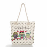 Owl Print Linen Beach Shoulder Bag Large Capacity Shopping Handbag