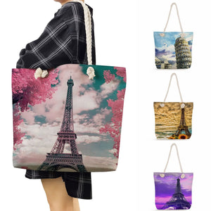 Eiffel Tower Print Shoulder Bag Eco Reusable Shopping Handbag