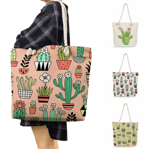 Floral Print Cactus Tote Bag Shoulder High Capacity Shopping Handbag