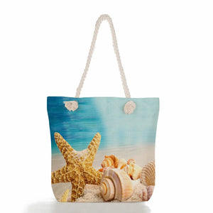 Thick Rope Women Tote Bags Eco Reusable Shopper Bag Starfish Shell Print Handbag