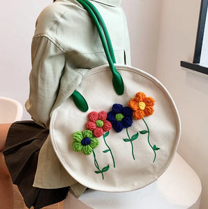 3D Flower Embroidery Cotton Shoulder Bag Tote