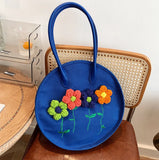 3D Flower Embroidery Cotton Shoulder Bag Tote