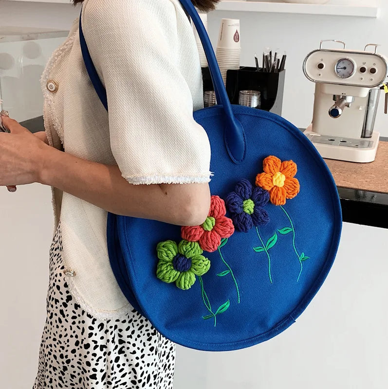 3D Flower Embroidery Cotton Shoulder Bag Tote