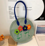 3D Flower Embroidery Cotton Shoulder Bag Tote