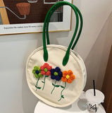 3D Flower Embroidery Cotton Shoulder Bag Tote