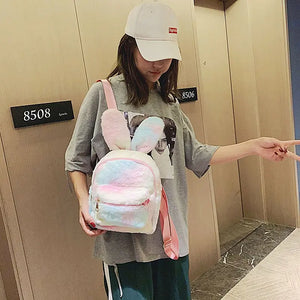Rabbit Ears Tie Dye Plush Backpack for Women Furry Mini Backpack