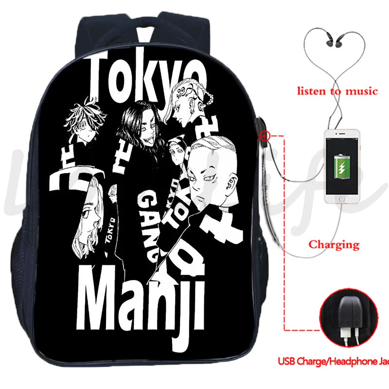 Tokyo Revengers USB Charging Backpack Casual Travel Laptop Rucksack Anime