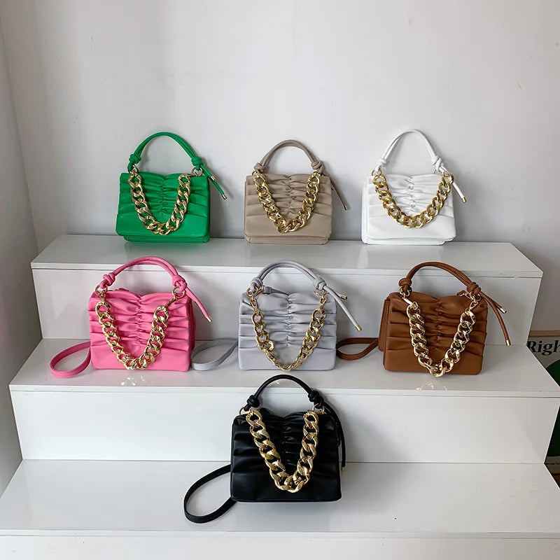 Thick Chain Square Hand Bag Solid Leather Long Strap