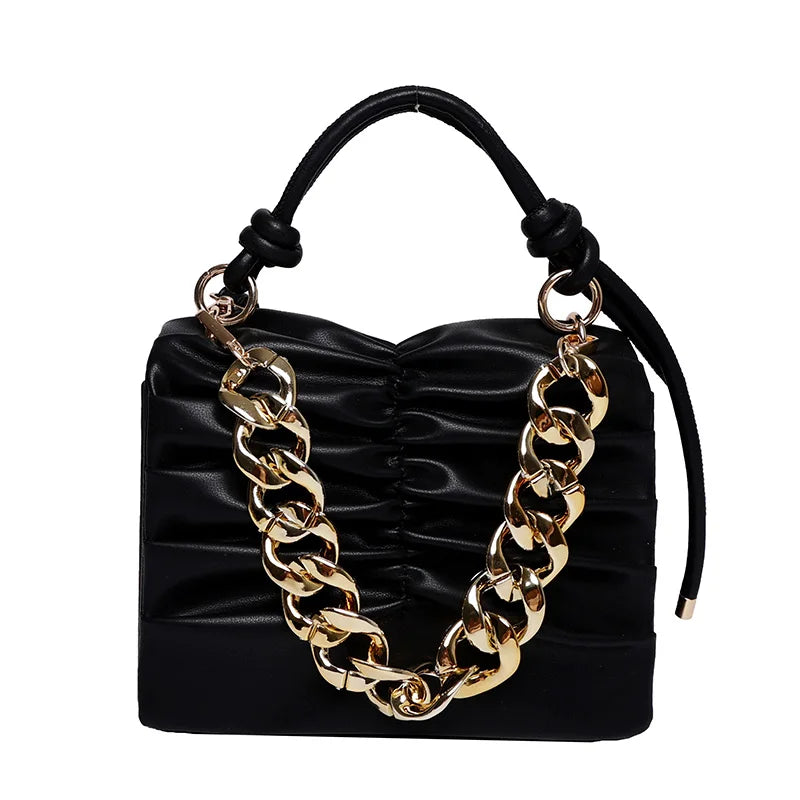 Thick Chain Square Hand Bag Solid Leather Long Strap