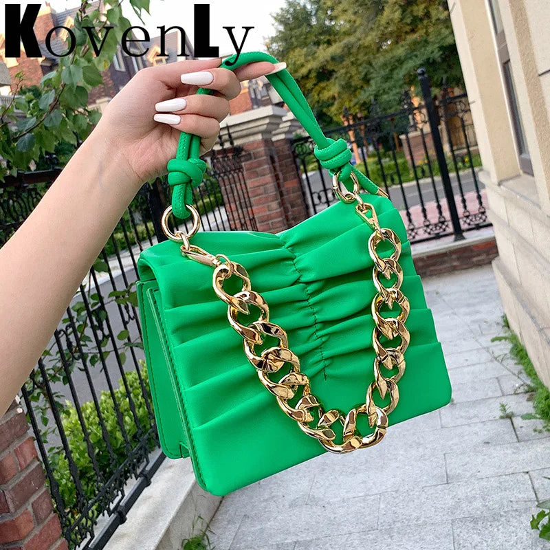 Thick Chain Square Hand Bag Solid Leather Long Strap