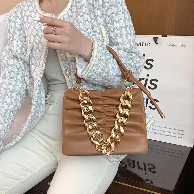 Thick Chain Square Hand Bag Solid Leather Long Strap