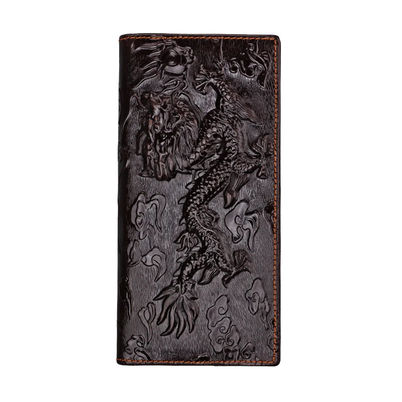 Dragon Embossed Long Wallet Cowskin Leather Men's Purse