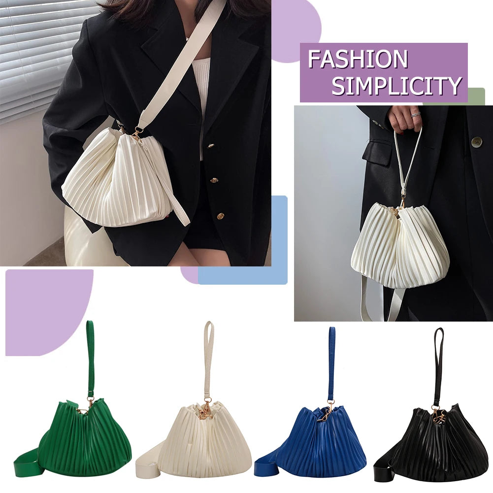 Top-Handle Bucket Bag Women PU Leather Pleated Solid for Travel Shopping