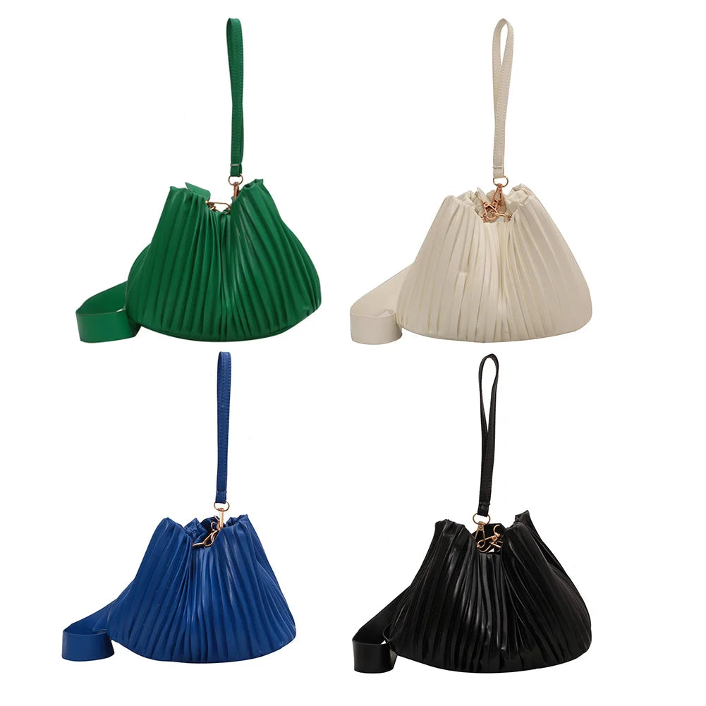 Top-Handle Bucket Bag Women PU Leather Pleated Solid for Travel Shopping