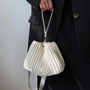 Top-Handle Bucket Bag Women PU Leather Pleated Solid for Travel Shopping