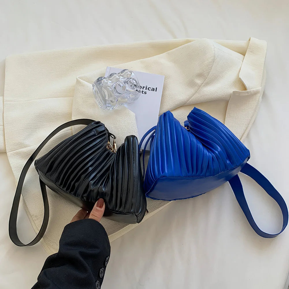 Top-Handle Bucket Bag Women PU Leather Pleated Solid for Travel Shopping