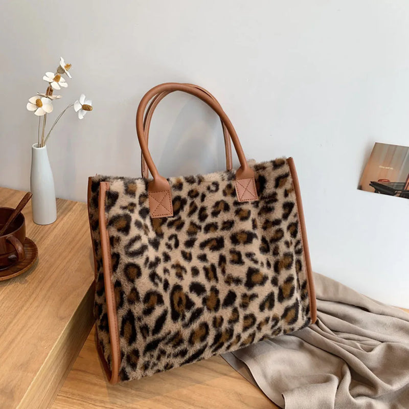 Leopard Print PU Leather Plush Top-Handle Bag for Women