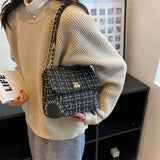 Tweed Weave Plaid Crossbody Bag Chain Flap Shoulder Handbag