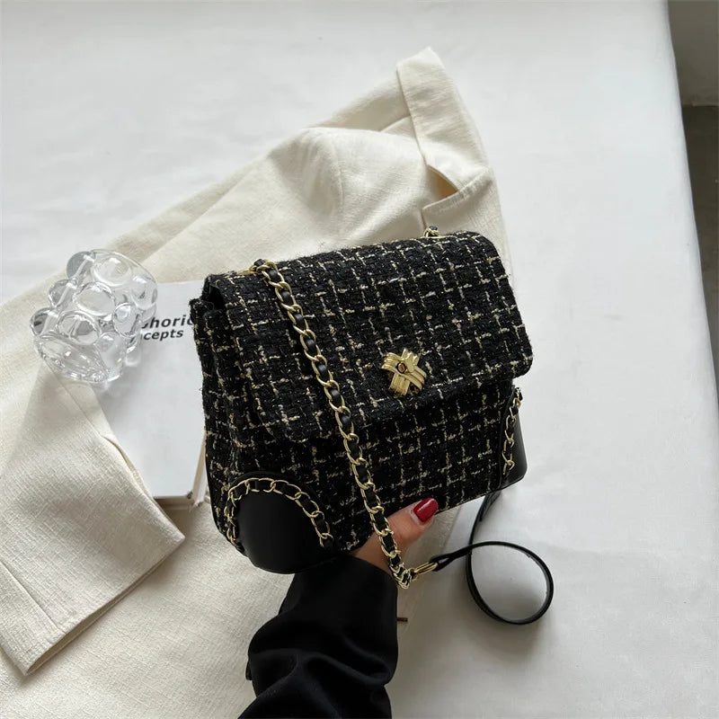 Tweed Weave Plaid Crossbody Bag Chain Flap Shoulder Handbag