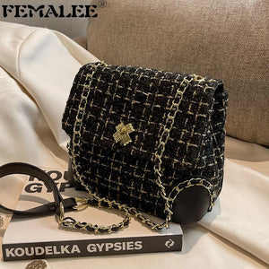Tweed Weave Plaid Crossbody Bag Chain Flap Shoulder Handbag