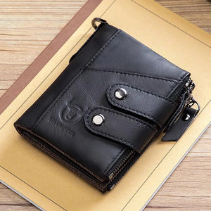 TopFight Leather Men Wallet Zipper Button Male Money Purse Belt Chain