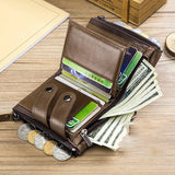 TopFight Leather Men Wallet Zipper Button Male Money Purse Belt Chain