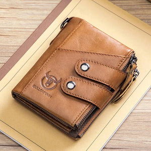 TopFight Leather Men Wallet Zipper Button Male Money Purse Belt Chain