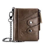 TopFight Leather Men Wallet Zipper Button Male Money Purse Belt Chain