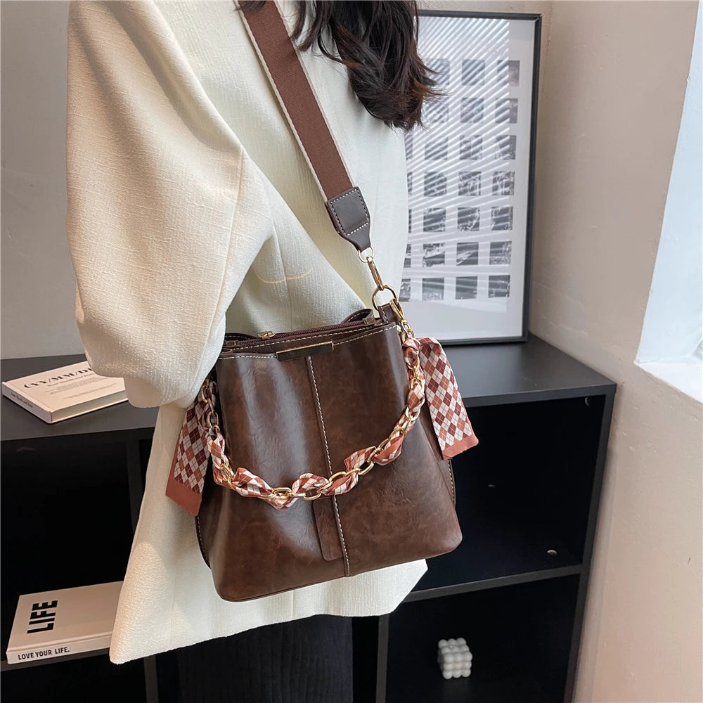 Vintage Crossbody Bag PU Leather Handbags Wide Strap Small Shoulder Bags