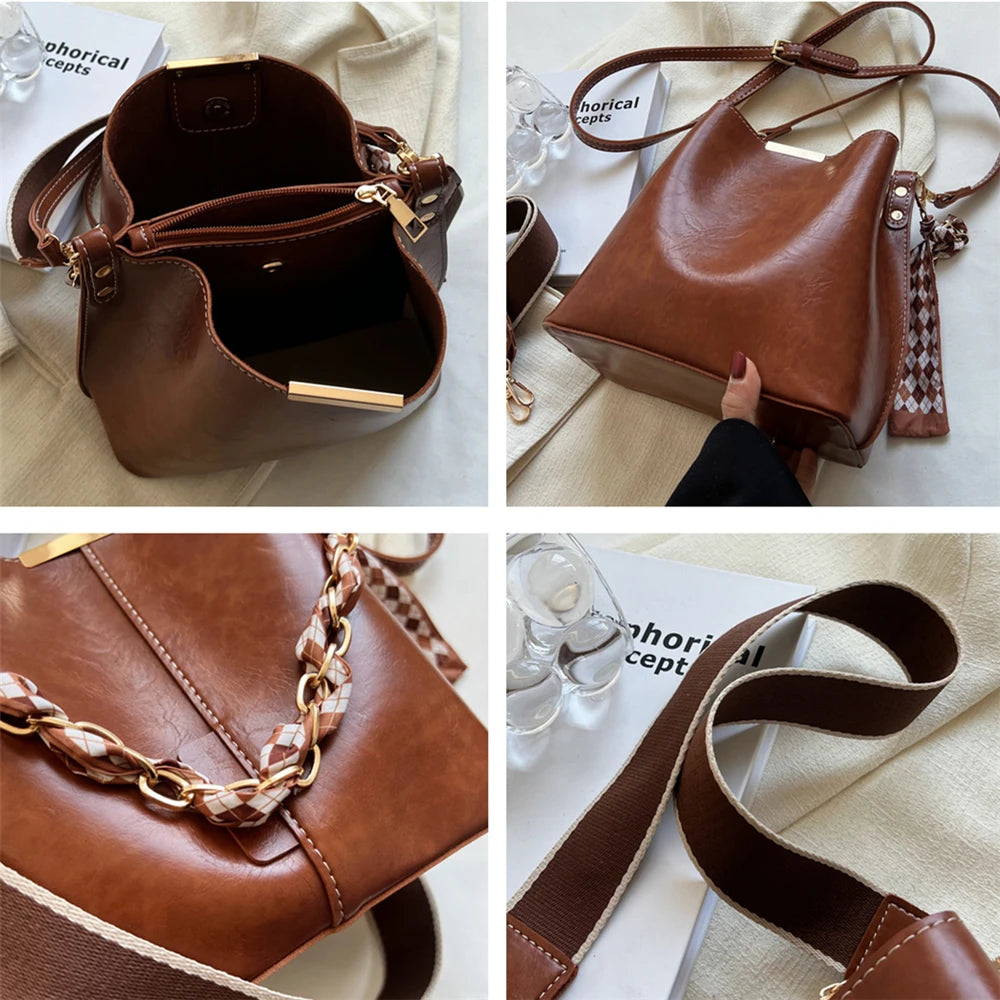 Vintage Crossbody Bag PU Leather Handbags Wide Strap Small Shoulder Bags