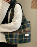 Plaid Wool Shoulder Bag Large Capacity Soft Handbag