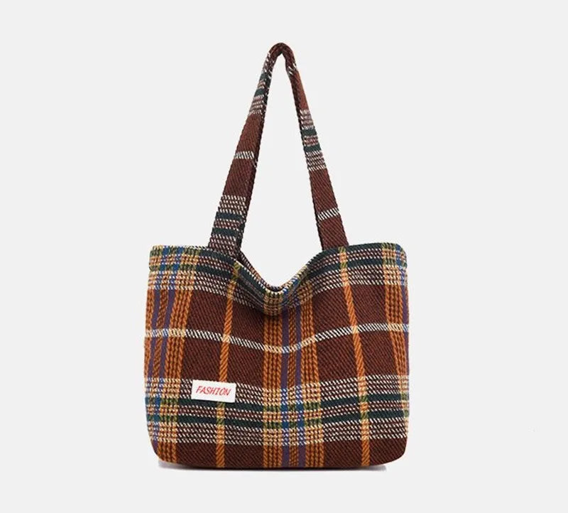 Plaid Wool Shoulder Bag Large Capacity Soft Handbag