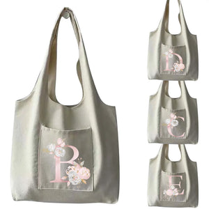 Girly Pink Letter Print Tote Bag Canvas Shoulder Handbag with Pockets
