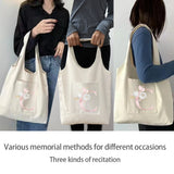 Girly Pink Letter Print Tote Bag Canvas Shoulder Handbag with Pockets