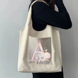 Girly Pink Letter Print Tote Bag Canvas Shoulder Handbag with Pockets