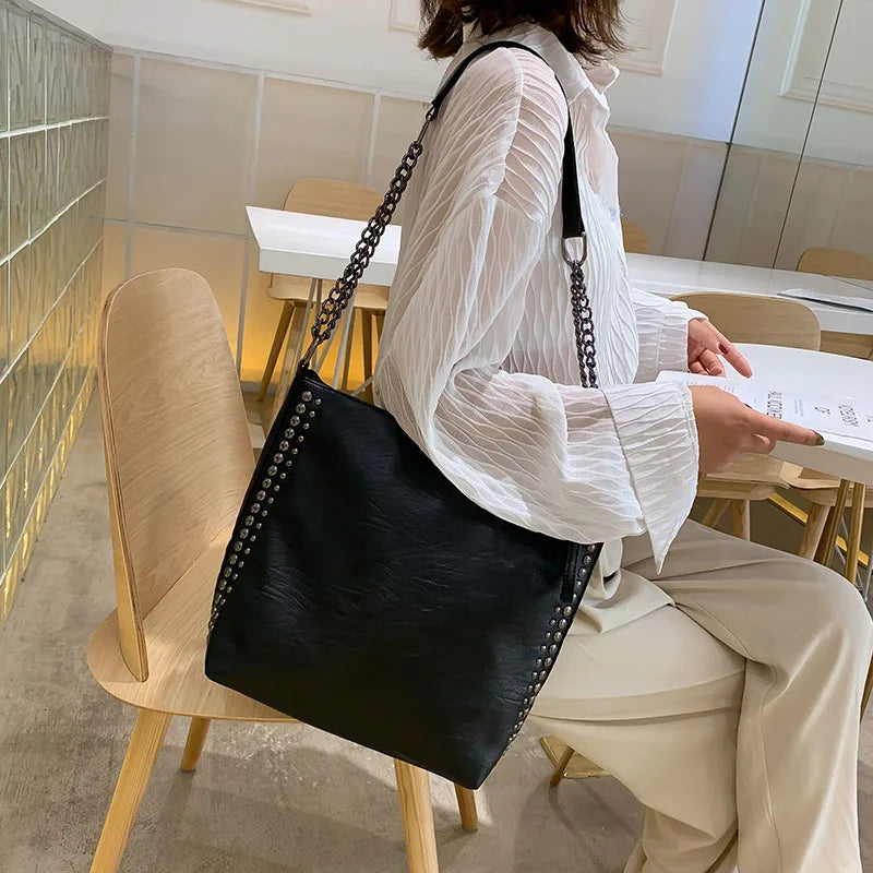 Rivet Chain Shoulder Bag Soft Leather Large Capacity Messenger Bag