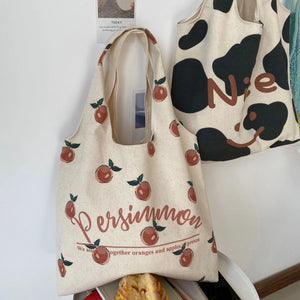 Canvas Shoulder Bag Smiley Cow Print Large Capacity Handbags