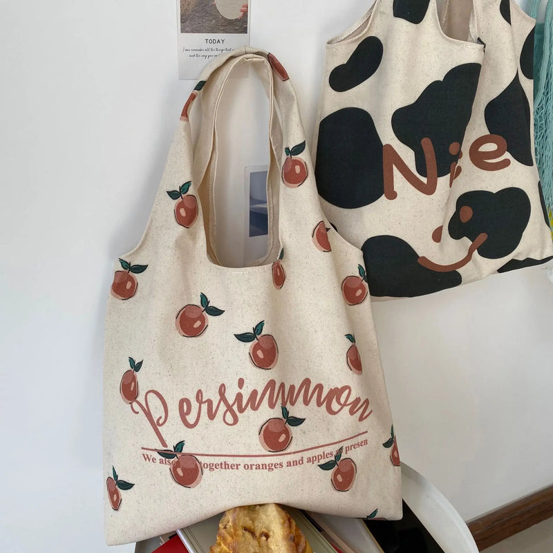 Canvas Shoulder Bag Smiley Cow Print Large Capacity Handbags