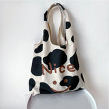 Canvas Shoulder Bag Smiley Cow Print Large Capacity Handbags