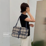 Plaid Canvas Tote Bag Women Shoulder Handbag Large Capacity