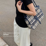 Plaid Canvas Tote Bag Women Shoulder Handbag Large Capacity