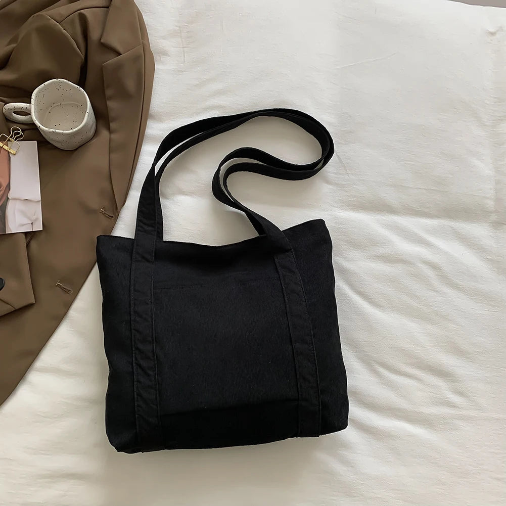 Corduroy Shoulder Bag Women Casual Shopping Tote Purse Solid Handbag