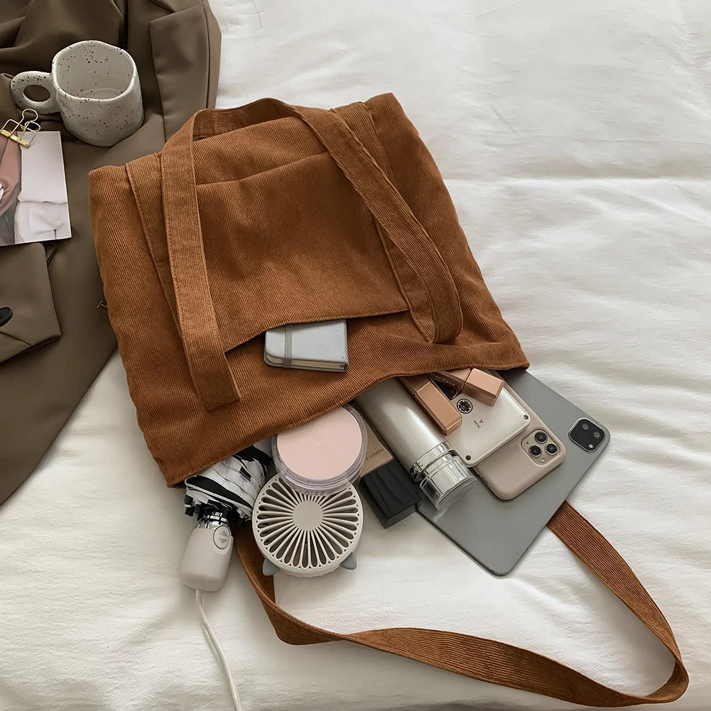 Corduroy Shoulder Bag Women Casual Shopping Tote Purse Solid Handbag
