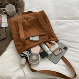 Corduroy Shoulder Bag Women Casual Shopping Tote Purse Solid Handbag