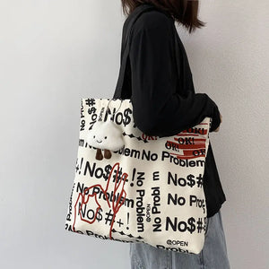 Canvas Tote Bag for Women Large Capacity Letter Print Student Commuter