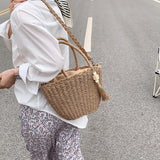 Retro Summer Beach Bag Rattan Handbag Women Hand-woven Straw Shoulder Bag